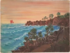 Original Vintage Seascape Painting on 16x12" Canvas Board c1970 