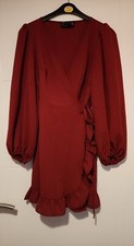 ASOS DESIGN BURGUNDY RED LONG SLEEVE RUFFLE DETAIL SHORT WRAP DRESS 8 PETITE