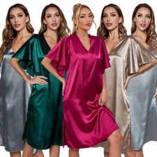 Women Satin Silk Robe Dress Sleepwear Lingerie Loose Nightdress Nightgown Plain