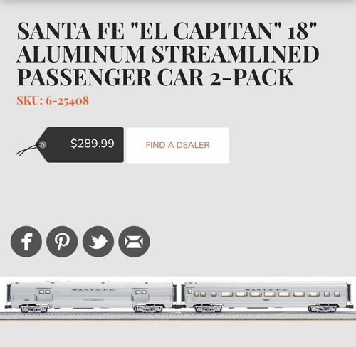 Coche de aluminio Lionel Santa Fe 18” paquete de 2 6-25408 | Condition: New