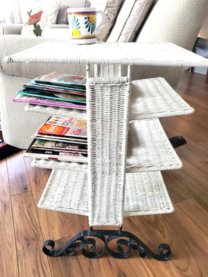 Retro White Rattan End Table Combo- Magazine Rack- Iron Scroll Feet- 24''h-3 Tier