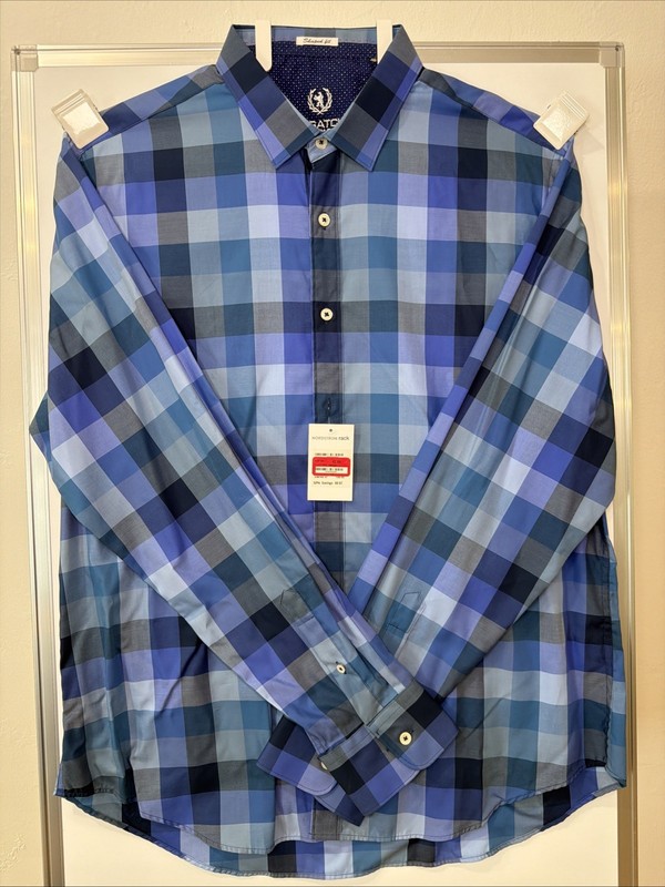 NWT Bugatchi Uomo Shaped Fit Blue Navy Checkered Long Sleeved Shirt XL