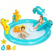 Kids Inflatable Water Slide Pool Marine Life Splash Pad Ring Toss Outdoor