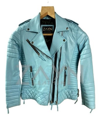 Women's Sky Blue Leather Motorcycle Jacket 100% Real Lambskin