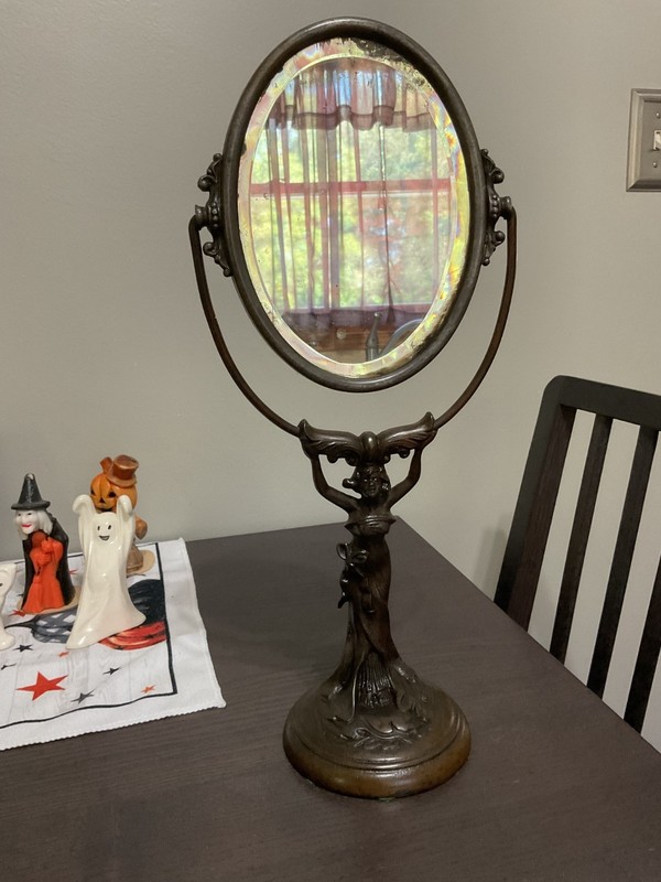 Antique Spelter  Art Nouveau Full Figure Woman Metal Tilting Table Vanity Mirror