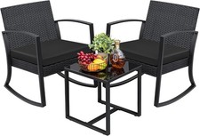 3 Pieces Outdoor Furniture Set Patio Bistro Rocking Chairs W/ Glass Coffee Table