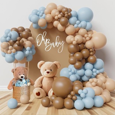 Bear Theme Balloon Arch Kit Blue Beige Brown Baby Shower Birthday Party