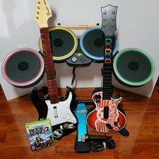 Xbox 360 Rock Band 2 Drum Set Lot 2 Guitars, Mic Game TESTED Fender Gibson