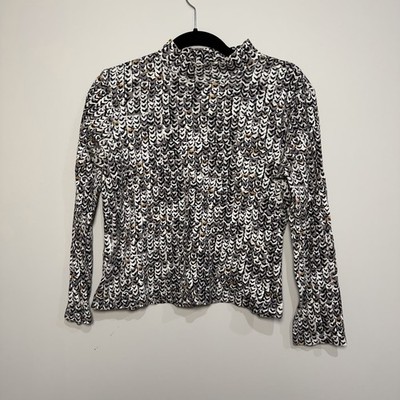 Studio Works Petite PS Black White Abstract Mock Neck Long Sleeve Cotton Top