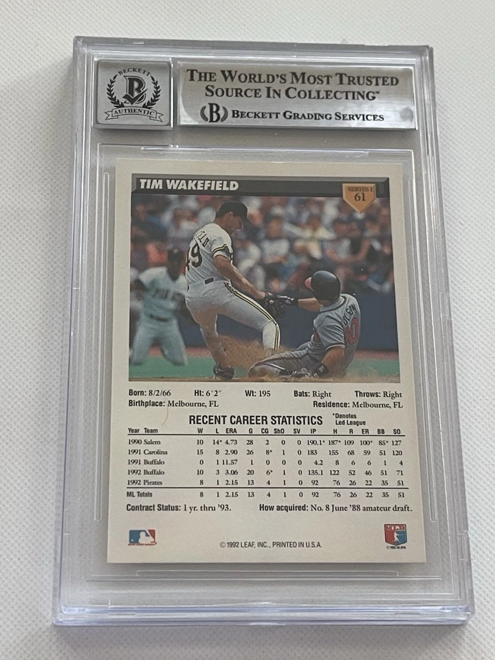 Tarjeta firmada por Tim Wakefield 1993 Donruss Slabbed Beckett BAS Auto Go Pirates IP a Foto 2 de 3