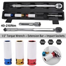 1/2" Drive Torque Wrench 40 - 210Nm with 3 Alloy Wheel Nut Sockets 17 19 21mm