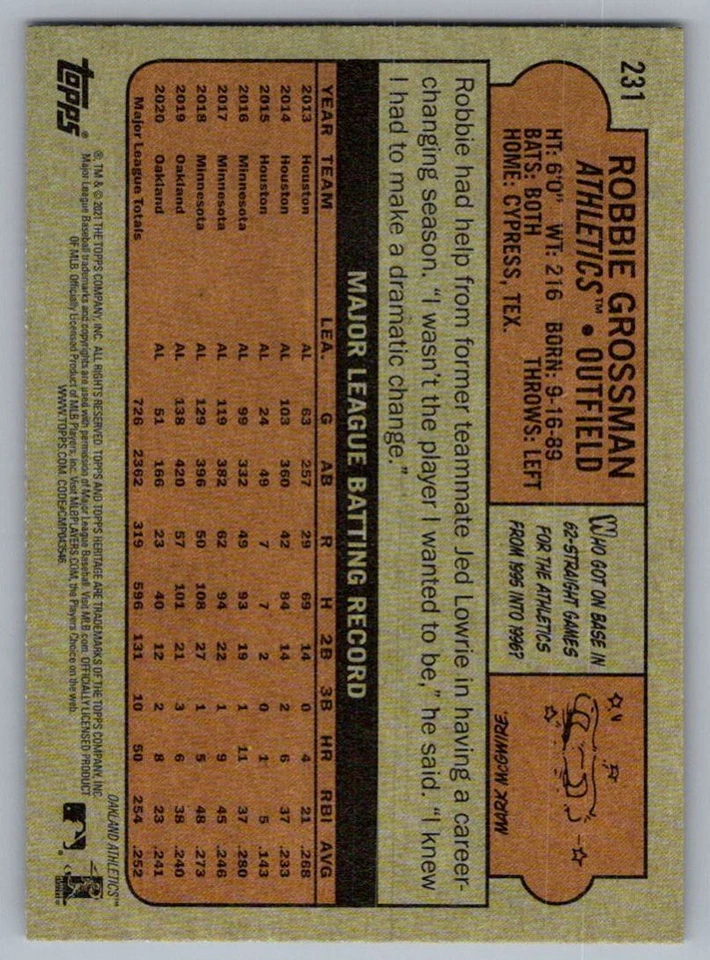 2021 Topps Heritage Robbie Grossman Oakland Athletics #231 - Image 2 of 2