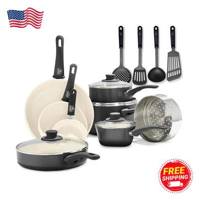 GreenLife 16 Piece Nonstick Cookware Set, Soft Grip Non-Toxic PFAS-Free Ceramic 