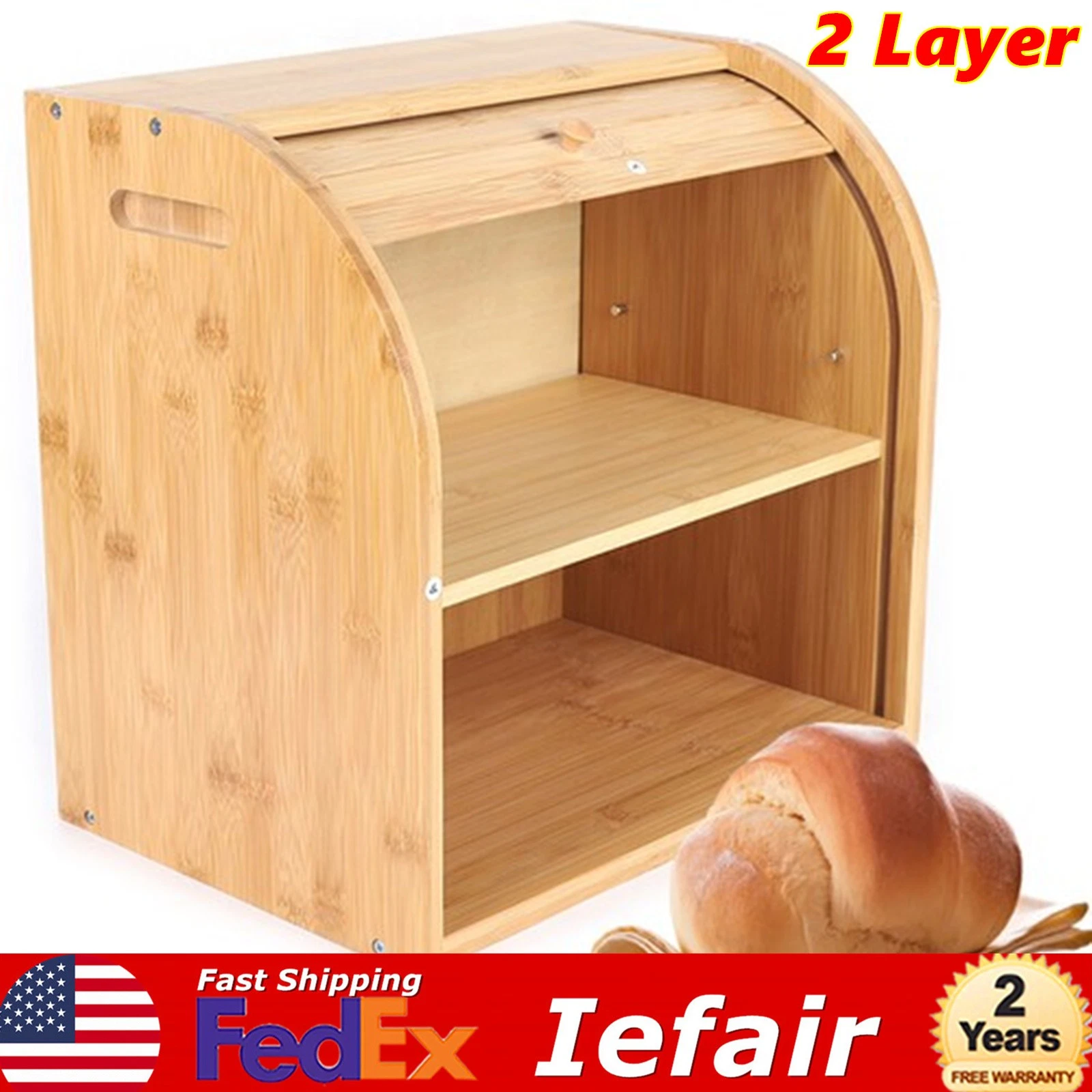 2-Layer Bread Box Bread Keeper Bamboo Wood With Lid Kitchen Storage Containers