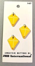 3 Vintage Kite Shape Novelt Buttons with Hole to Attach Tail Yellow Plastic .75"