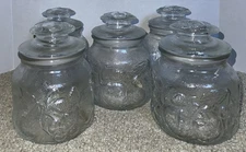 5 Vintage Libby Orchard Fruit Glass Canister W/Lids Embossed Fruit Designs