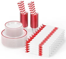 Disposable Plastic Plates Set - 400 Pcs Red Party Dinnerware for Weddings NEW