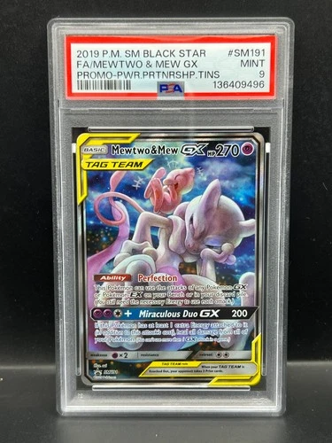 Pokemon PSA 9 MINT Mewtwo & Mew GX SM191 Power Partnership Tin Promo Holo S#9496
