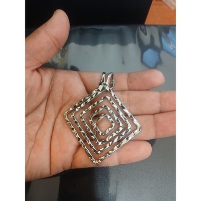Hammered Silver Tone Square Spiral Geometric Statement Pendant