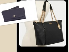Coach 2-Pc Set Black Pebbled Leather Ava Chain Purse  Checkbook Envelope Wallet