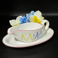Caleca Italian Pottery Gravy Boat & Underplate Hand Painted Zig Zag 90s Vintage*