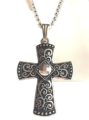 Silver Crystal Art Deco Cross Necklace Scroll 22'' X-Long Vintage Style Plated