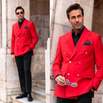 Solid Red Suits for Men Double Breasted Gold Buttons Jacket Black Pant for  Groom
