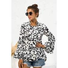 Printed Flare Sleeve Tie Neck Ruffle Trim Blouse