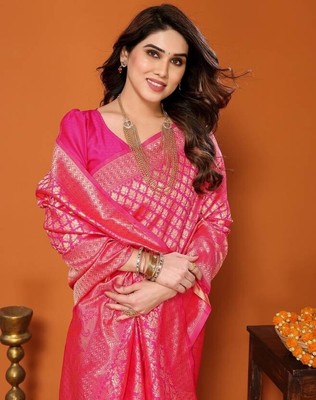 Self Design Kanjivaram Silk Blend Saree, Indian Women Traditional Saree, (Pink)