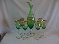 Vintage Green Glass Italy Stunning Decanter W/6 Wine Glasses Goblets Gold Trim