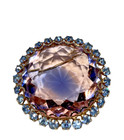 Vintage Large Pink Glass With Blue Rhinestones Brooch Pin Gold Tone