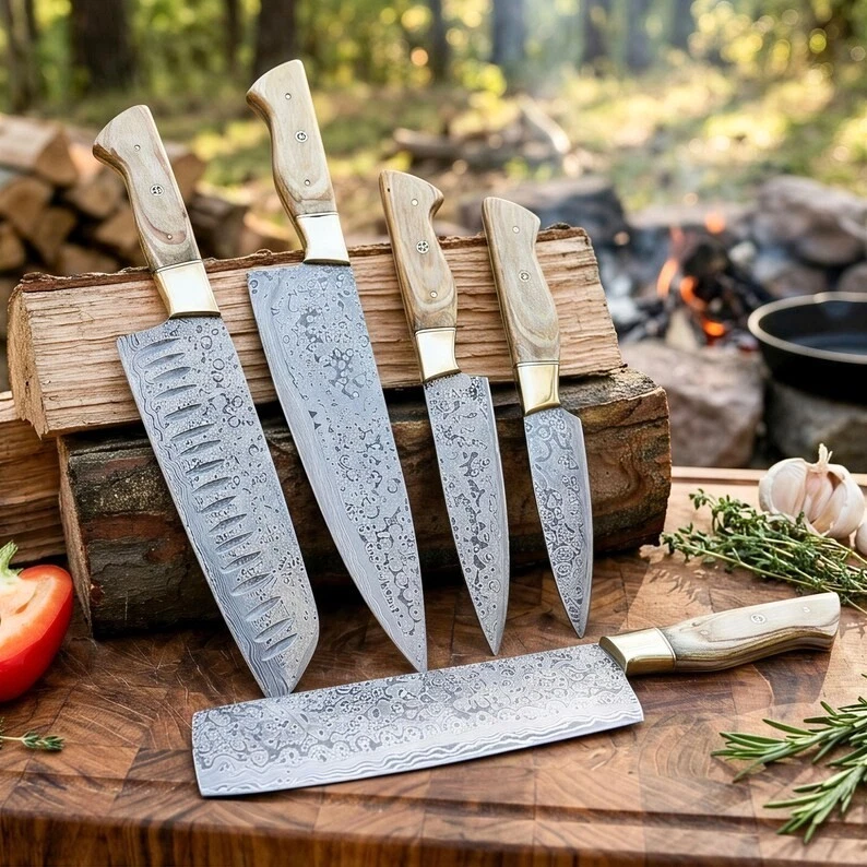 Handmade Damascus Kitchen Knife Set, 5 PCS wood Handle Chef Knives, BBQ Set,
Opens in a new window o