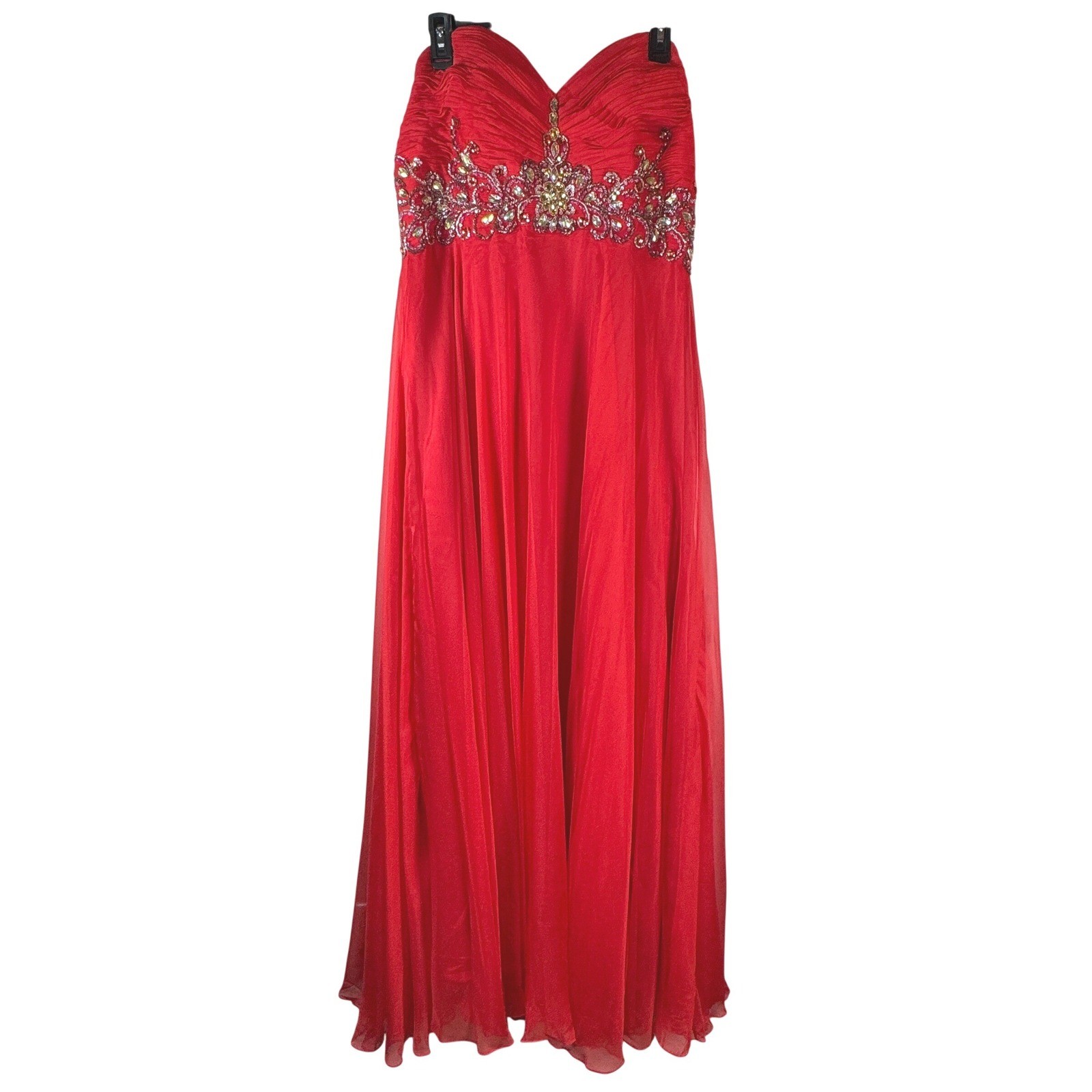 Watermelon Red Chiffon Beaded Empire Waist Strapless Formal Prom Evening Dress
