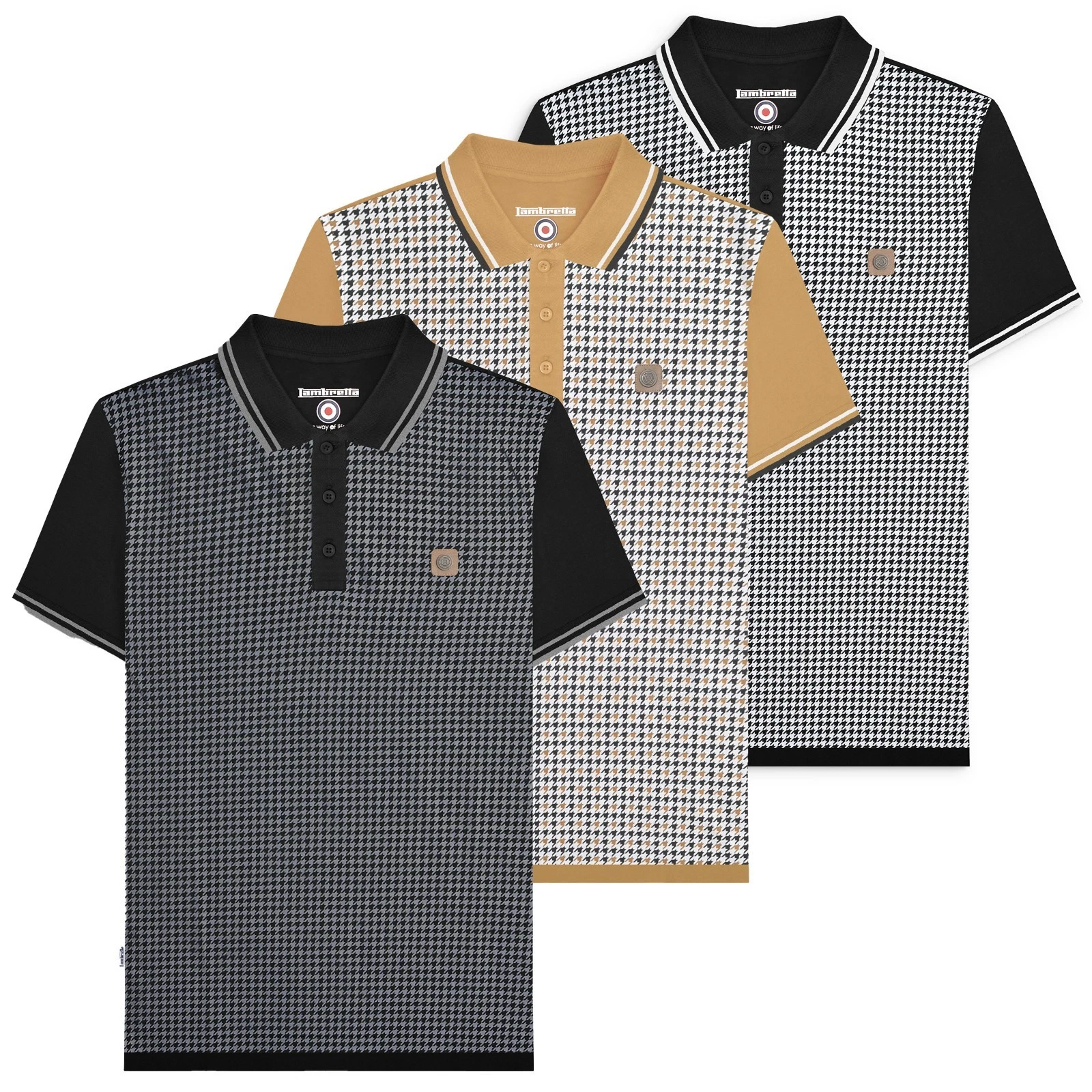 Mens Lambretta Checked Casual Retro Mod Ska Black Polo Shirt Sizes M to 4XL