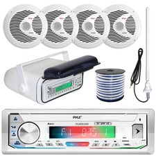 Pyle White Marine Radio Receiver, Cover, 4x 6.5" 150W Speakers, Antenna, Wire
