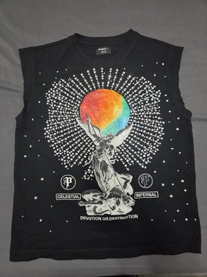 Preme Women s L Black Sleeveless Graphic Rhinestone Tank, Crew Neck Gothic Angel