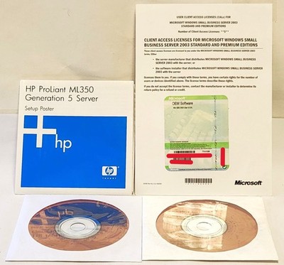 WINDOWS SERVER 2003 R2 STANDARD EDITION DISCS & OEM COA & HP ML350 SERVER BOOK
