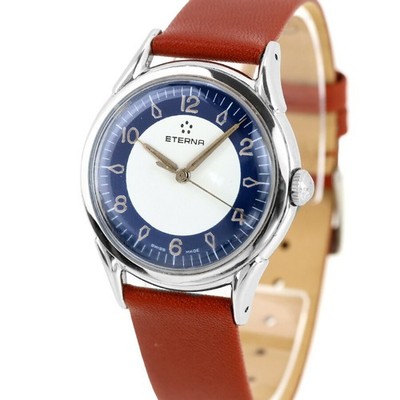 Eterna 520 Automatic Vintage Watch 44mm Brown Leather Strap Blue Dial