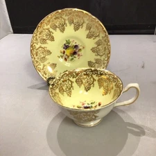 ROYAL GRAFTON China Tea Cup & Saucer Gold Gilt & Grapes Creamy Yellow & Ivory