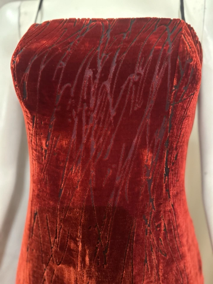 Maxi Vestido De Colección Años 80 Gótico Vamp Grunge Rojo Negro Devore Terciopelo Burnout Baile de graduación HOCO M Foto 2 de 4