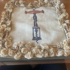 Wool Needlepoint Throw Pillow Handmade Wine Corkscrew Accent Cushion 14x14