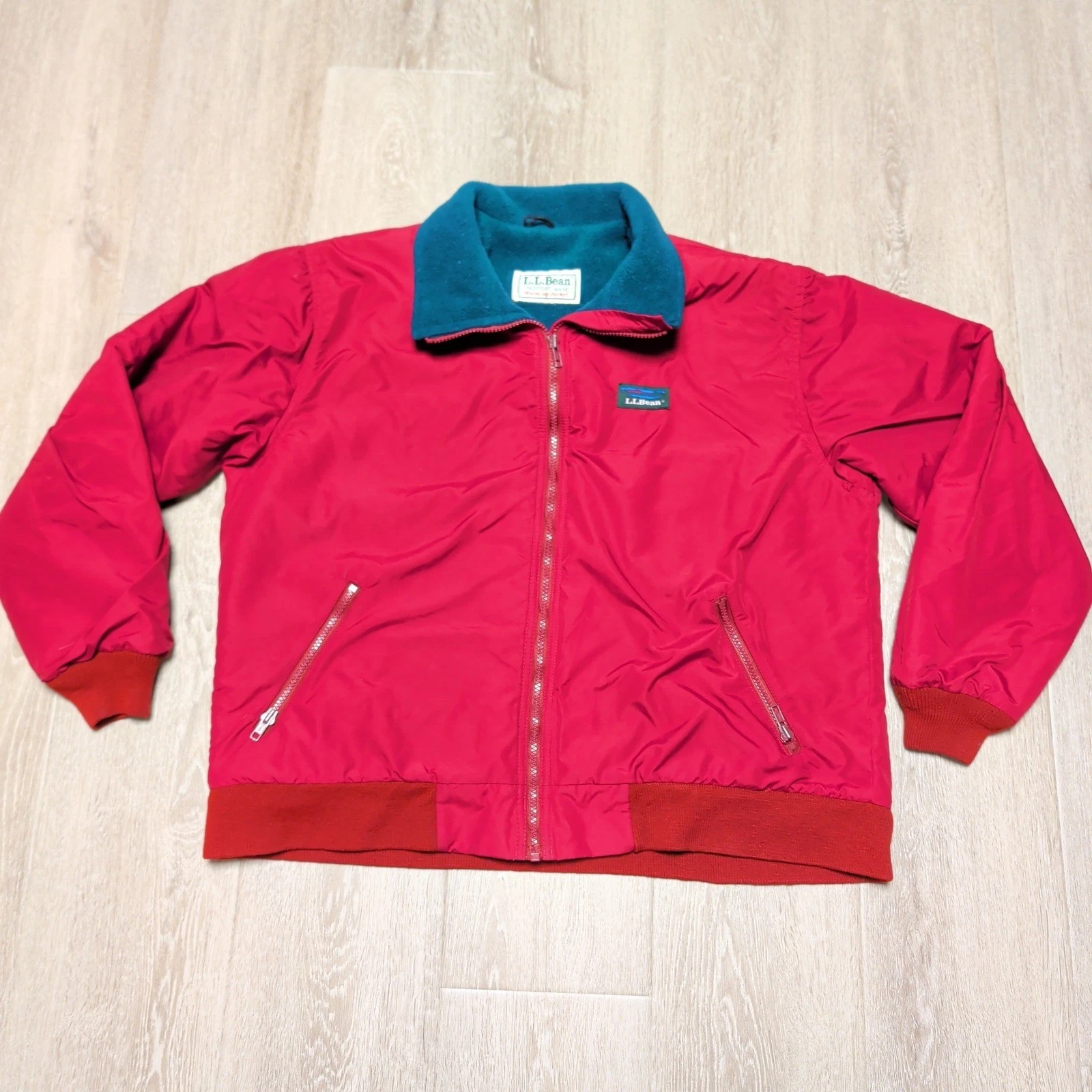 Vintage 90s LL Bean Warm-up Jacket Mens L Red Teal Fleece Lined Bomber Flaws