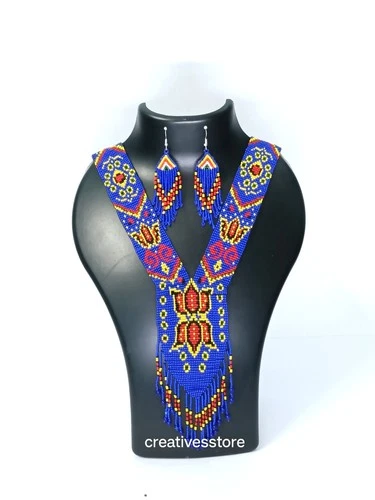 Handmade seed bead necklace set with matching fringe earrings, geometric tribal. - product listing photo