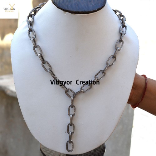 Pave Diamond 22" Link Chain 925 Sterling Silver Necklace Spring Clasp Lock Gift