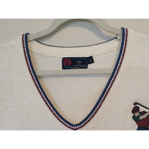 Vintage Isle Of Cotton Golf Sweater V-Neck Embroidered Textured Print XLT USA - Picture 3 of 12
