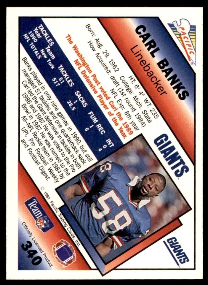 1991 Pacific. Carl Banks . New York Giants #340 - Image 2 of 2
