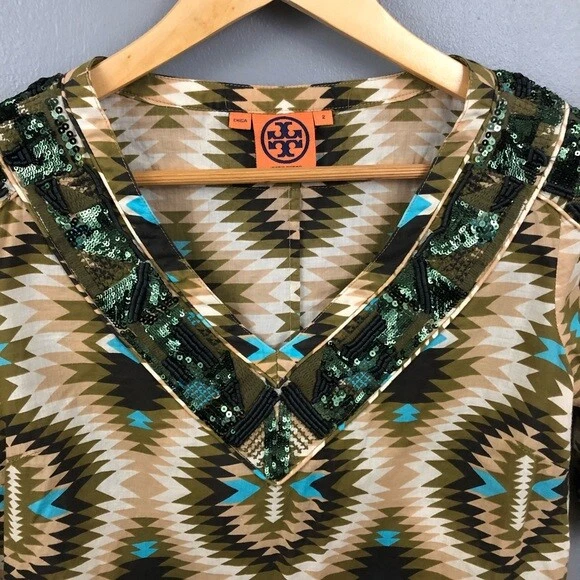 Tory Burch taglia 2 Kara tunica manica corta con perline in Kakhi Nava