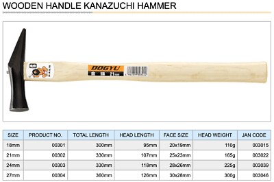 DOGYU Wooden Handle KANAZUCHI Japanese Hammer 300,360mm 110-300g