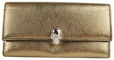  765 Alexander McQueen Gold Metallic Leather Flap Wallet w/Skull 275330 7048