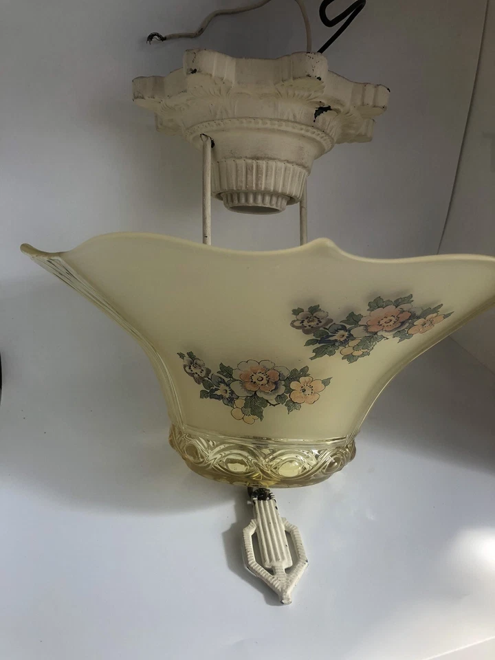 Art Deco Vintage Chandlier  - flush mount. Painted floral on yellow glass globe - Image 3 of 4
